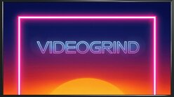 “Retro 80s synth‑wave movie poster, deep indigo background fading into solar orange at the bottom, electric pink neon outline around the title ‘VideoGrind’